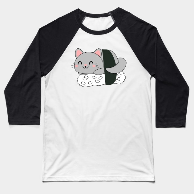 Cute Grey Sushi Cat Baseball T-Shirt by Kam Bam Designs